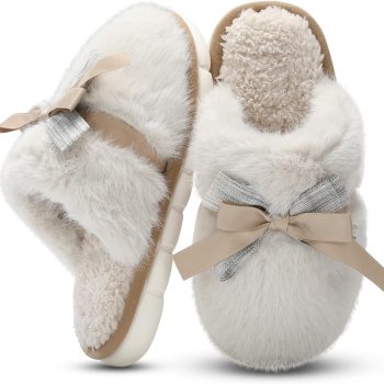Cute Women's Memory Foam House Slippers - Fuzzy Plush Faux Fur Slippers with Bow Butterfly Tie - Anti-Skid Indoor/Outdoor Gifts for Women, Moms & Ladies