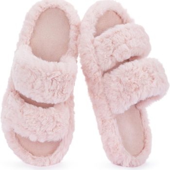 Women’s Pluffie Slippers with Arch Support & Memory Foam, Cozy Faux Fur Open Toe House Shoes, Gift-Ready Indoor Outdoor Comfort