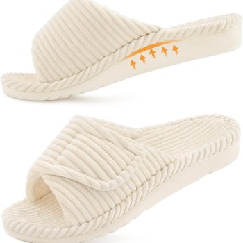 Orthopedic Slippers for Women Arch Support Indoor House Slippers Adjustable Open Toe Corduroy Bedroom Shoes with Memory Foam for Plantar Fasciitis