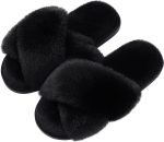 Women's Fuzzy Slippers Cross Band Memory Foam House Slippers Open Toe