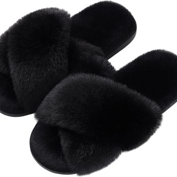 Women's Fuzzy Slippers Cross Band Memory Foam House Slippers Open Toe