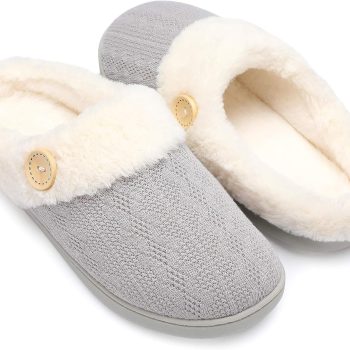 Womens Slipper Warm Comfy Memory Foam House Slippers Knitted Shoes Faux Fur Lined Anti-Skid Rubber Sole Bedroom Cozy Indoor Outdoor Slippers